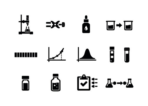 Analytical Chemistry Icons. Analytical chemistry. Solid icon set of Analytical chemistry: titration setup, burette clamp, indicator bottle, color change icon,