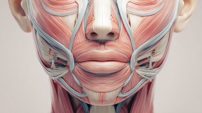Detailed 3D Rendering of Human Facial Muscles in Lateral View Showing Anatomical Structure and Muscle Groups for Medical Education