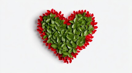 Heart shape made of green and red leaves arranged symmetrically on white background