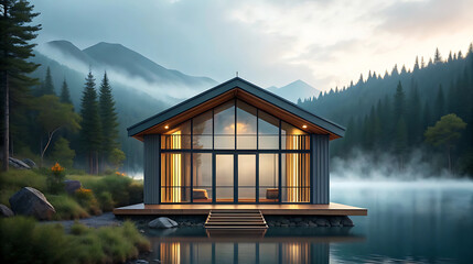 Glass cabin on lake with misty mountains and forest