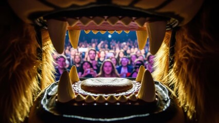 Unique low-angle view from inside a lion costume's mouth, showing the audience at a festive Chinese Lion Dance event, emphasizing engagement.