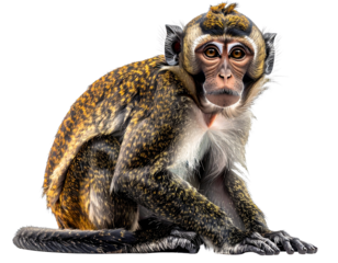 A close-up portrait of a macaque monkey sitting and looking directly at the camera.