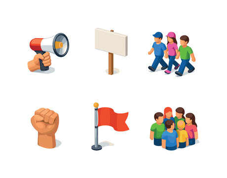 Activism Icons Grid. Activism. Isometric flat vector icons set of activism: raised megaphone, blank protest sign, marching people group, solidarity fist, flag