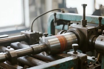 Industrial machine processing a metal shaft in a workshop setting