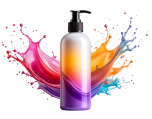 Vibrant Liquid Splash Surrounding a Cosmetic Bottle.