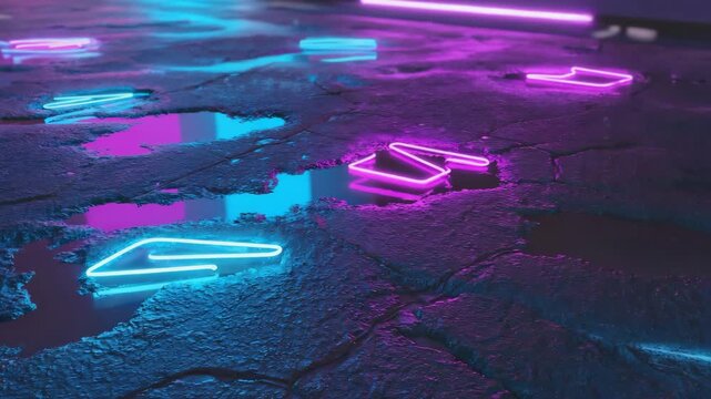 Neon reflections rippling through puddle, cinematic night-time mood 