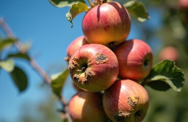 Red apples with scab disease grow on tree branch in garden. Unhealthy fruit shows dark spots, decay. Fungal illness affects harvest in orchard during summer season.