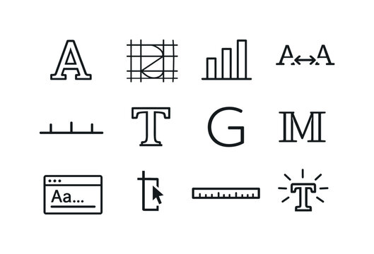 Typography Icon Set. Fonts at the Forefront. Line icon set of Fonts at the Forefront: letter A outline, typography grid, font weight bars, kerning arrows,