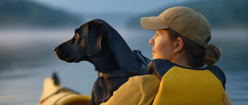 Tranquil Water Journey A woman and her canine companion share a serene moment on the water. Together, they embrace the tranquility of the open water and calm serenity.