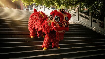A vibrant red Chinese Lion Dance costume gracefully ascending ancient stone steps in a traditional setting, bathed in warm sunlight.