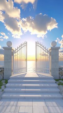 Open white gate with stone steps leading to a seascape horizon under a bright sky with cumulus clouds at sunset, symbolizing opportunity.
