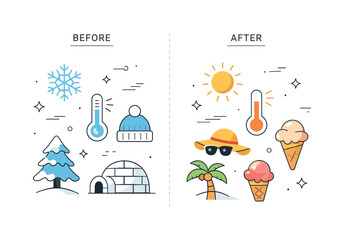 Seasonal Change Icons. Season shift comparison. Abstract icons of cold and warmth arranged in a clear before-and-after format. The scene feels informative,