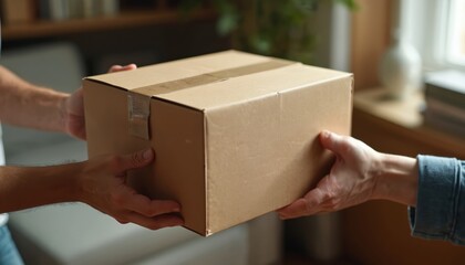 Hands exchange cardboard box parcel for home delivery or pickup. Person passes package for receiving goods, mail, or purchase from online shop or store.