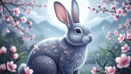 Enchanting watercolor rabbit in a spring landscape with cherry blossoms under a full moon