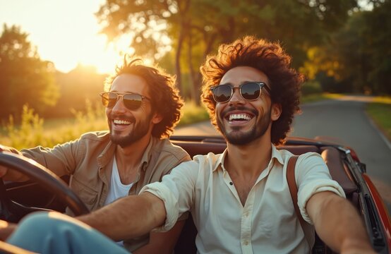 Two men enjoy sunlit convertible car ride on open road. Friends laugh, travel carefree through green countryside. Summer journey, road trip vibes.