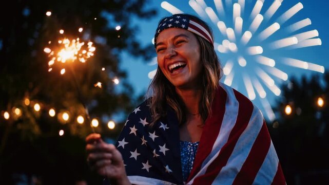 Happy woman holding a sparkler wrapped in an American flag. Celebrating Fourth of July with fireworks and string lights at night. Independence Day party concept