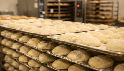 Medium shot focusing on metal trays filled with covered dough portions showcasing industrial breadmaking process in a professional bakery setting.