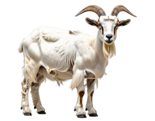 A white goat with horns and a beard stands on a white background.