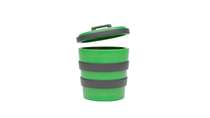 Collapsible green coffee cup with grey lid and bands on transparent background