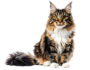 Majestic Maine Coon Cat Sitting Proudly Isolated on White Background.