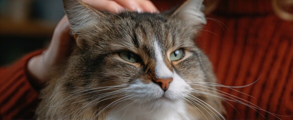 Pet owner softly brushes a relaxed domestic cat inside.
