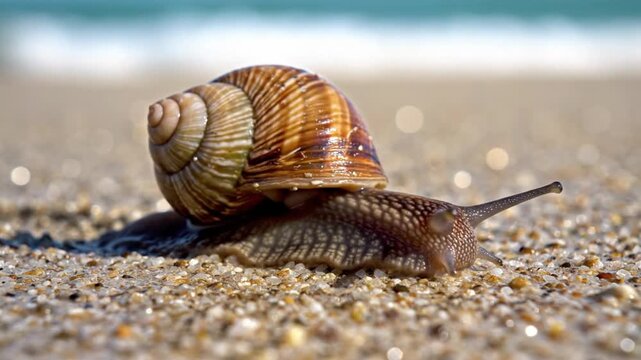 Close-up of a sea snail crawling on the beach sand
