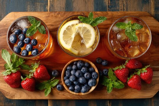 Refreshing summer drinks with fruit and ice on a wooden serving board