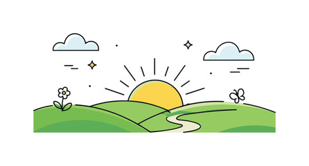 Fototapeta premium Serene Spring Landscape. Spring minimal landscape. A simple editorial scene with rolling green hills, a rising sun, and light clouds. The illustration feels