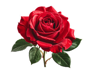 A single vibrant red rose with green leaves on a white background.