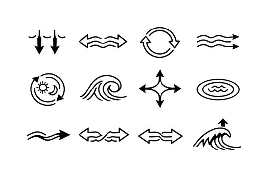 Ocean Movement Icons. Riptides. Line icon set of ocean movement symbols: pull-back arrows, outward surge, looping current, energy flow lines, tide cycle icon,