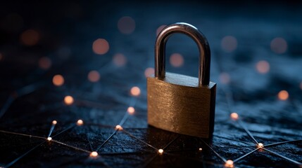 Close-up of a golden padlock resting on a network of glowing nodes against a dark, blurred background