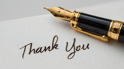 Close-up of a handwritten "Thank You" note with a vintage fountain pen, gold nib visible. The elegant script is on white paper