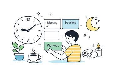 Organized Harmony. Time management and wellbeing. Character organizing schedule cards and a simple clock, with calm symbols of rest nearby. Sense of control,