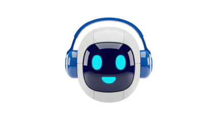 Cute smiling robot head with headphones on transparent background