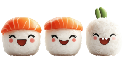 Three Japanese kawaii food characters with faces on sushi mochi and dango on transparent background