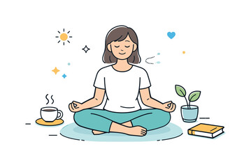 Daily Wellness Ritual. Daily self-care routine. A character engaging in a simple wellness habit like stretching, breathing, or journaling. Slow rhythm, gentle
