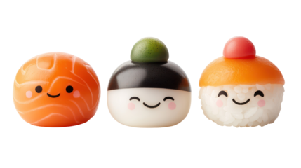 Three Japanese kawaii food characters with faces on sushi mochi and dango on transparent background