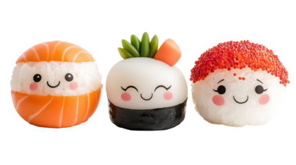 Three Japanese kawaii food characters with faces on sushi mochi and dango on transparent background