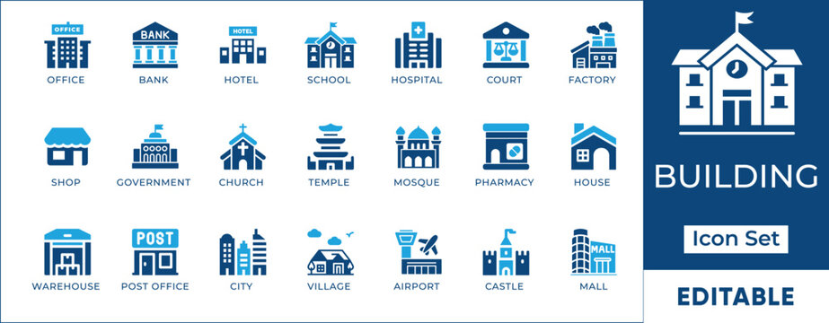 
Building flat icon set. Editable Collection of office, hospital, mall, mosque, airport, factory, and more. Ideal for maps,real estate, and city planning.