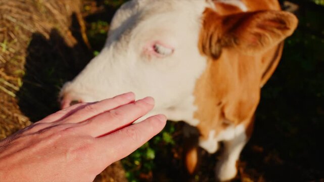 An Intimate Moment Between Human and Cow: A Hand Reaching Out To Connect with a Curious Farm Animal in a Picturesque, Natural Setting