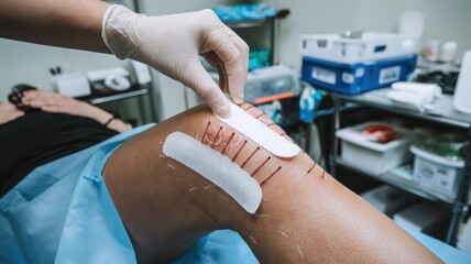 Knee pain surgery options concepts. Medical professional treating a knee wound with bandages and sterile tools in a clinical setting.