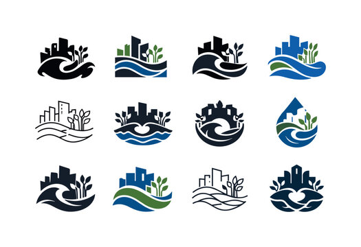 Urban Farming Logos. urban farming riptides. Icon set. Set Logo of urban farming riptides: wave-powered irrigation. harmonious logo variations of the same