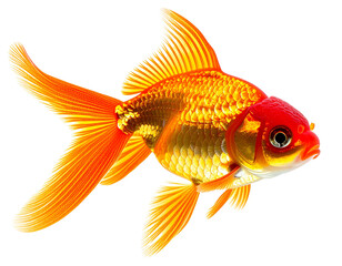 A vibrant orange goldfish with a red head swims gracefully.