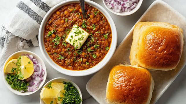 Delicious pav bhaji, an indian street food, served with butter, lemon, and onion salad