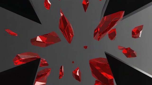 Red texture fragments drifting through jagged black silhouettes