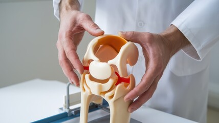 Knee pain surgery options concepts. Medical professional demonstrating a knee joint model for educational purposes.