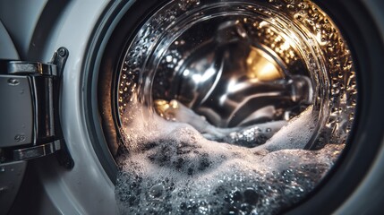 Close-up of a washing machine interior in action, showing foamy water and the metal drum reflecting light. The door is slightly ajar