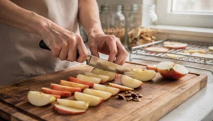 Closeup of hands slicing fresh apples on a wooden board preparing fruit pieces for a drying process in a bright organized workspace.