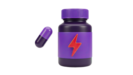 Energy pill bottle with lightning bolt symbol and single pill on transparent background