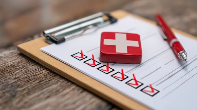 Close-up of clipboard with checklist, medical symbol, and pen, focusing on healthcare concepts like patient care, diagnostics, and medical services